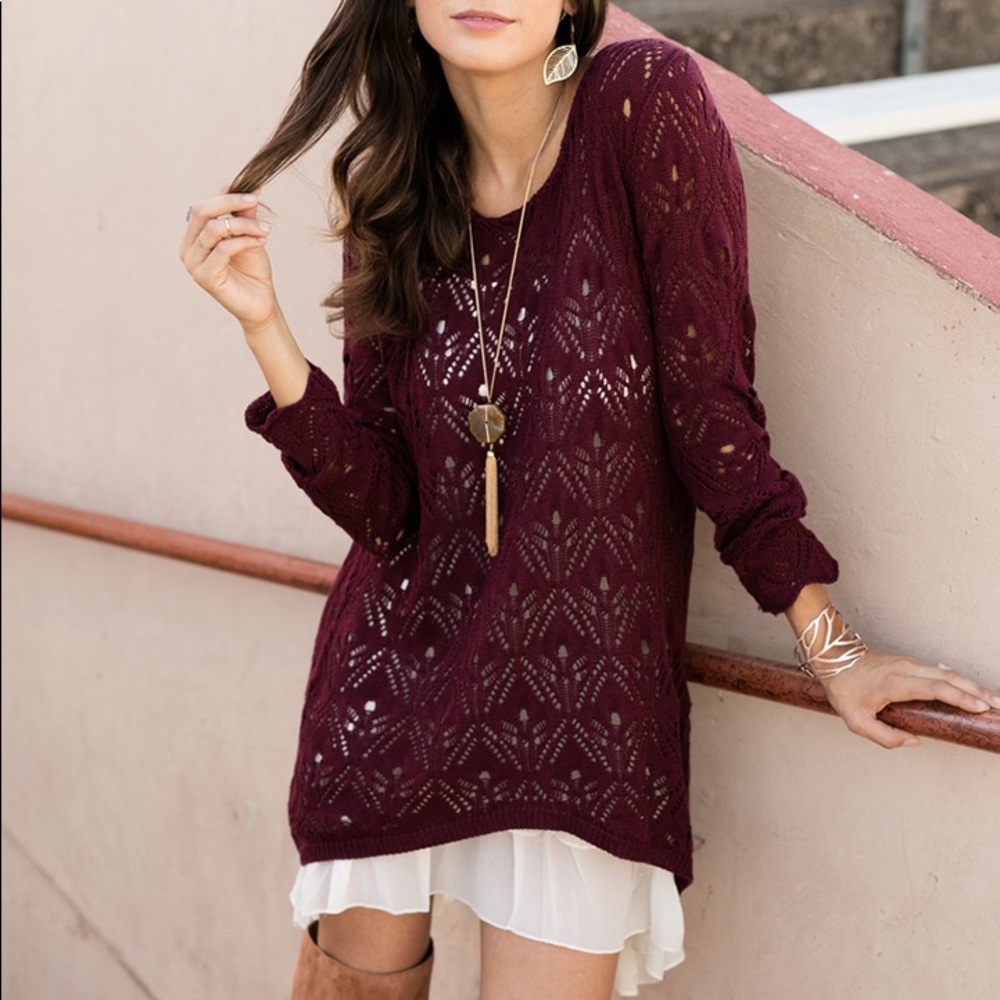 Grace and Lace Pointelle Tie-Back Sweater Size: Extra Small/Small Wine